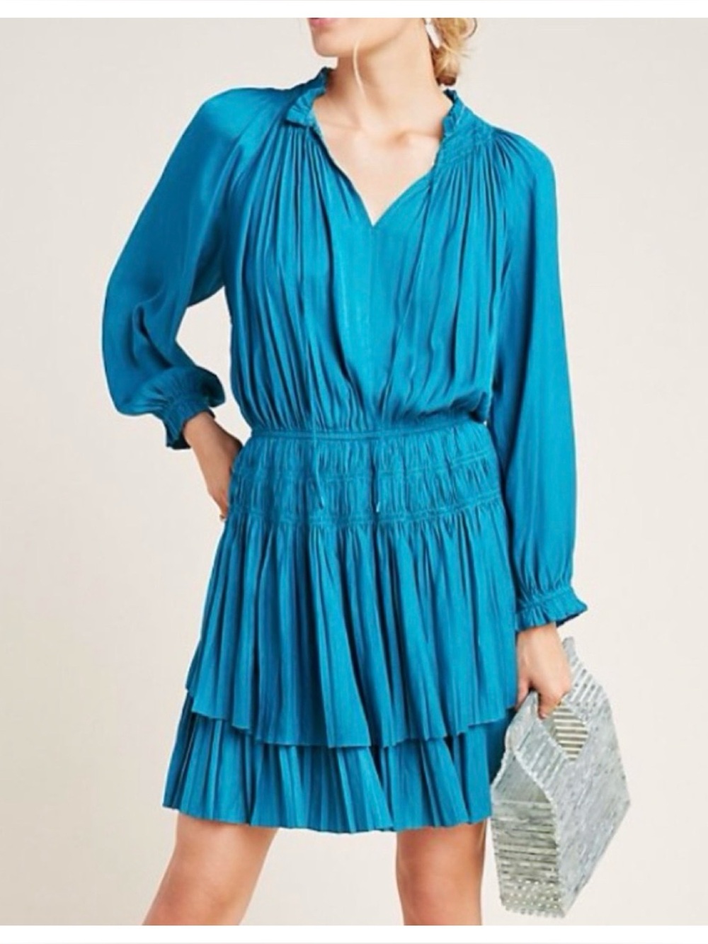 NWOT Anthropologie Current Air Textured Samantha Smocked Mini Dress in Teal  SP